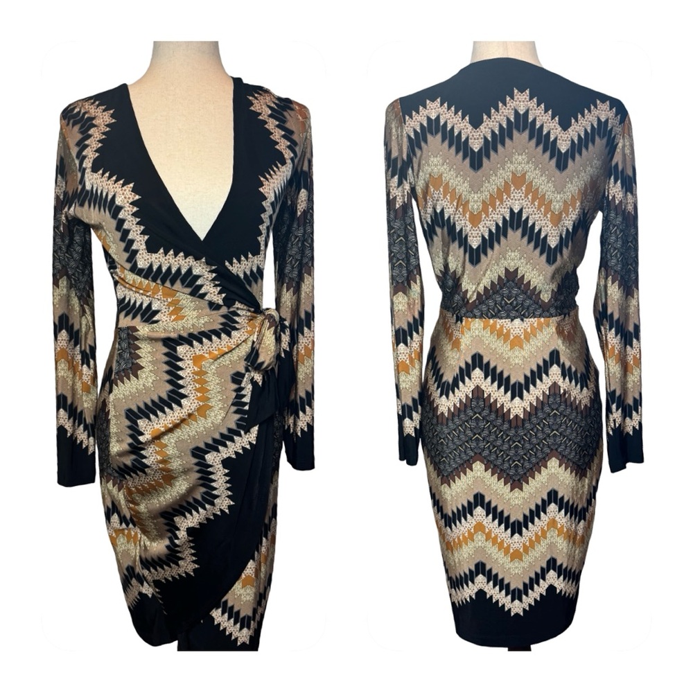 Cashe Vintage Geo Chevron 1/2 Wrap Era Dress Warm Colors Retro Women’s SZ S